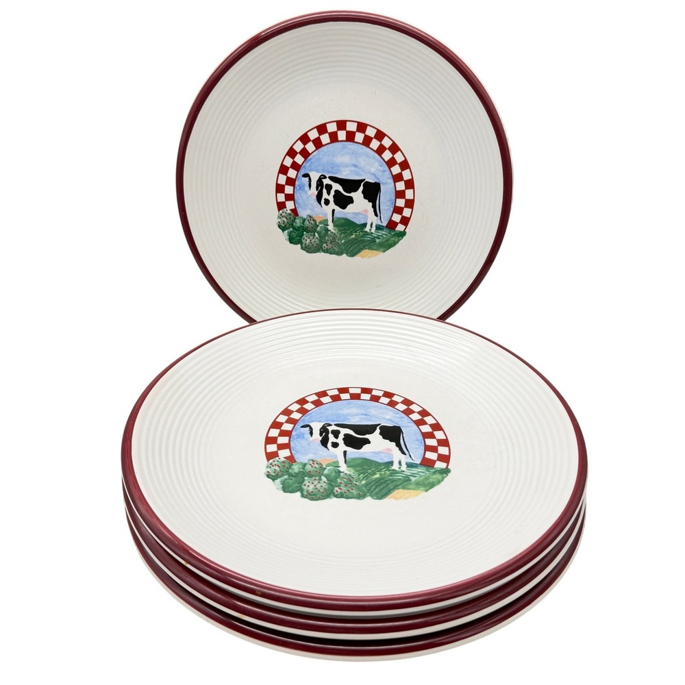 Century Stoneware Fannies Farm Cow Dinner Plates Set of 4 Red Checkered 11.25 in